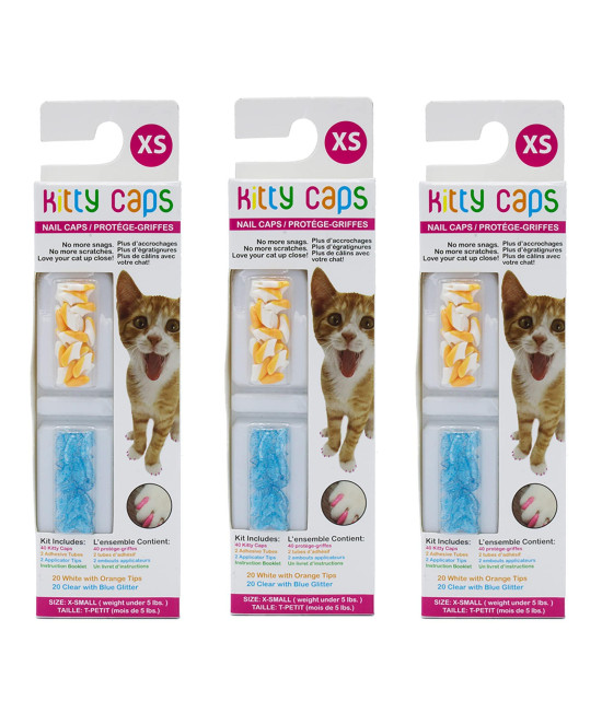Kitty Caps Nail Caps for Cats Safe, Stylish & Humane Alternative to Declawing Stops Snags and Scratches, X-Small (Under 5 lbs), White with Orange & Clear with Blue Glitter, 40 Count - 3 Pack