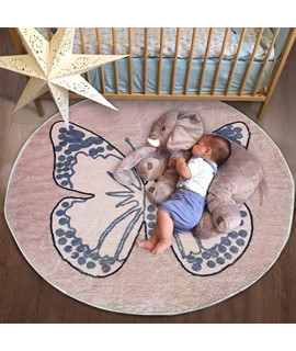 Poowe cute Lion ABc Kids Play Mat Baby Nursery Rug Round Educational Alphabet Soft Area Rug Non Slip for children Toddlers Bedroom (Round 394, Butterfly)