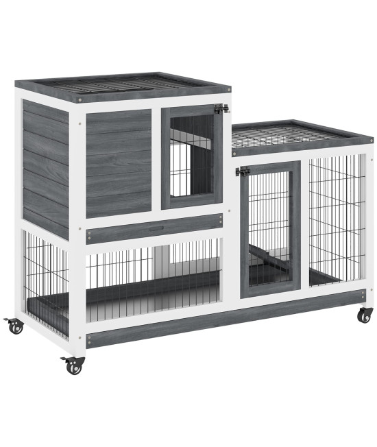PawHut Indoor Wooden Rabbit Hutch with Wheels Cage for Small Pets, 2 Tier with Open Area Ramp and 2 Removable Trays 110 x 50 x 86 cm Grey
