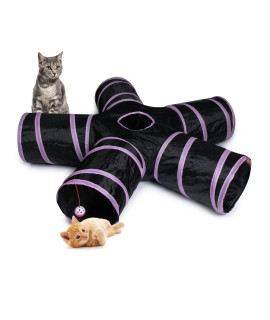 Sheldamy Cat Tunnel Toy, Collapsible 5-Way Cat Tunnel with Peek Hole and Play Ball, Cat Tunnels for Indoor Cats, Rabbit, Ferret, Puppy, Kitten (Pink & Black)