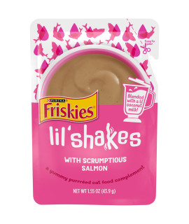 Purina Friskies Pureed Cat Food Topper, Lil? Shakes with Scrumptious Salmon Lickable Cat Treats - 1.55 oz. Pouch