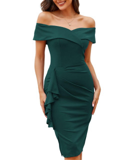 JASAMBAc Womens Formal Dresses for Wedding guest Ruffle Off Shoulder Ruched V Neck Elegant Slim Party cocktail Bodycon Dress green M