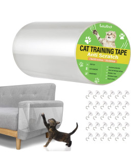 Lewondr Anti-Scratch Cat Scratching Deterrent Tape, 7.87x118 inches Transparent Clear Cat Scratch Furniture Protector, Single Side Cat Scratch Training Tape with 30 Pins for Couch,Carpet,Doors