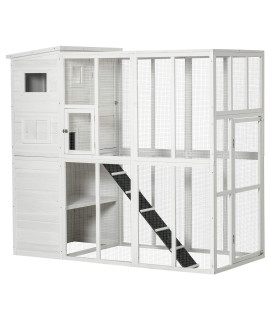 PawHut Large Cat House Outdoor Catio Wooden Feral Cat Shelter, Kitten Enclosure with Door, Cat Condo and Weather Protection Asphalt Roof, 77 L, White