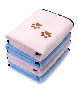 4 Pack Dog Towels for Drying Dogs Microfiber Dog Towel Soft Absorbent Pet Bath Towel Dog Drying Grooming Towel with Embroidered Paw for Pet Dogs Cats Bathing and Grooming (Blue, Pink, 35 x 20 Inch)