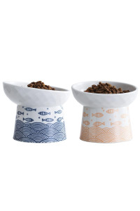TAMAYKIM Tilted Ceramic Elevated Cat Bowls, Food and Water Raised Bowl Set for Kitty Cats and Small Dogs, Porcelain Elevated Stress Free Feeding Pet Bowl Dish, Set of 2