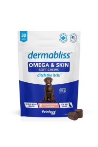 Vetnique Labs Dermabliss Omega & Skin Chews for Dogs with Omega 3-6-9, EPA, DHA, Biotin for Healthy Skin & More - Hickory Salmon Flavored Dog Treats - Ditch The Itch (30ct)