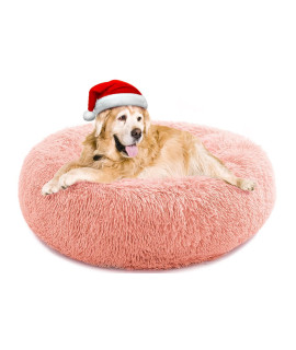Calming Dog Bed for Large Dogs, Anti Anxiety Donut Dog Bed, Round Dog Bed, Plush Faux Fur Dog Bed, Fluffy Dog Bed, Soft Cozy Pet Bed, Machine Washable, 36x36inch Pink