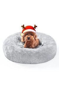 OYANTEN Small Dog Bed Large Cat Bed - Round Calming Donut Pet Beds for Puppys and Kittens, Soft Fluffy Warm and Cozy to Improved Sleep, Machine Washable(24 in, Misty Gray)