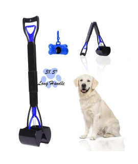 31.5 Long Handle Pooper Scooper for Large Medium Small Dogs with Bag, Foldable Portable Dog Poop Waste Excrement Pick Up Rake, Easy to Clean Great for Grass Gravel Concrete Ground Surface Black Blue