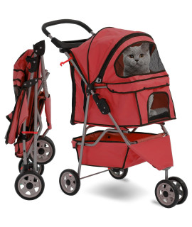HCY Folding Dog Stroller, 3 Wheels Cat Strollers Pet Gear for Small Medium Cats Dogs Puppy with Storage Basket, Cup Holder,Lightweight-Red, 35.04 inch x17.32 inch x38.58 inch