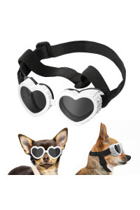 Lewondr Small Dog Sunglasses UV Protection Goggles Eye Wear Protection with Adjustable Strap Doggy Heart Shape Anti-Fog Sunglasses for Pet Dogs Sun Glasses Doggie Windproof Glasses, White