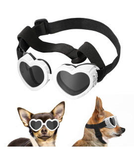 Lewondr Small Dog Sunglasses UV Protection Goggles Eye Wear Protection with Adjustable Strap Doggy Heart Shape Anti-Fog Sunglasses for Pet Dogs Sun Glasses Doggie Windproof Glasses, White