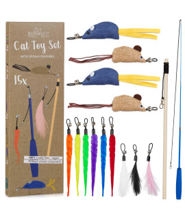 Pretty Kitty cat Toys Set Vegan: XL 15 pcs cat Toy Set with Big cat Wand Toy, Artificial cat Feather Toys and catnip Toys - cat Toys for Indoor cats