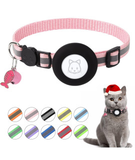 Airtag Cat Collar, Air tag Cat Collar with Bell and Safety Buckle in 3/8 Width, Reflective Collar with Waterproof Airtag Holder Compatible with Apple Airtag for Cat Dog Kitten Puppy (Pink)