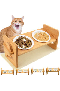 Raised cat Bowls,ceramic Dog Bowl with Stand Adjustable Elevated Bamboo Puppy Feeding Station Food and Water Bowls Stand Feeder for Small Dogs and cats and Non-slip Mat