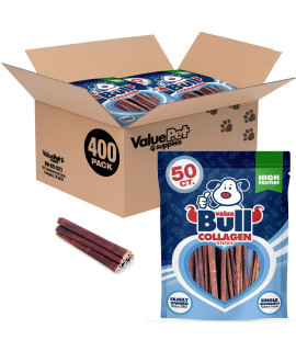 ValueBull USA Collagen Sticks, Premium Beef Small Dog Chews, Low Odor, 6 Thin, 400 Count - Single Ingredient, Rawhide-Free, All-Natural, Healthy for Hips, Joints, Skin & Coat