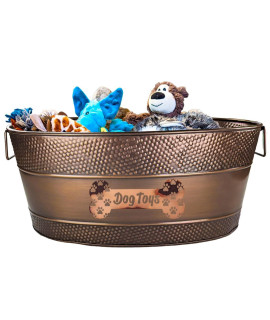 Indestructible Metal Toy Bin - Galvanized Metal Bin with Handles for Accessory Storage - Pet Toy Basket, Blanket Basket - Pawprint Design Dog Toy Box, Home Farmhouse Decor (Copper - 25 Quart)