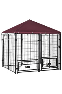 Pawhut Outdoor Dog Fence, Steel Pet Box with Lock, 2 Swivel Bowls and Oxford Fabric cover, Kennel Black and Red
