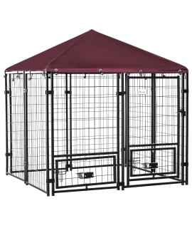 Pawhut Outdoor Dog Fence, Steel Pet Box with Lock, 2 Swivel Bowls and Oxford Fabric cover, Kennel Black and Red