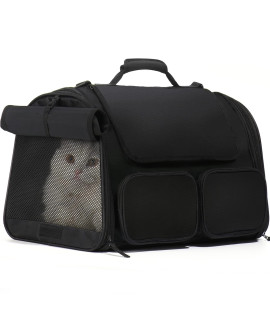 FUKUMARU Cat Carrier, 4 Mesh Windows Small Dog Carrier, 4 Storage Pockets Cat Travel Bag, Under 44 lb Airline Approved Pet Carrier, Rollable Cover for Nervous Cats, Black