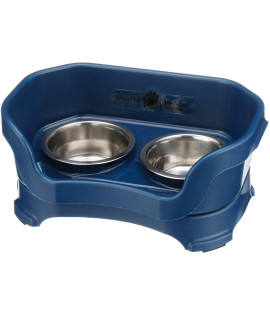 Neater Feeder - Deluxe Model for Cats - Mess-Proof Elevated Cats Bowls (Dark Blue) - Non-Tip, Spill Proof, Non-Skid Food & Water Bowls for Pets