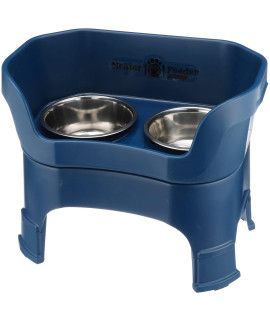 Neater Feeder Deluxe with Leg Extensions for Large Dogs - Mess Proof Pet Feeder with Stainless Steel Food & Water Bowls - Drip Proof, Non-Tip, and Non-Slip - Dark Blue