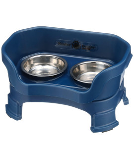 Neater Feeder Deluxe with Leg Extensions for Small Dogs - Mess Proof Pet Feeder with Stainless Steel Food & Water Bowls - Drip Proof, Non-Tip, and Non-Slip - Dark Blue