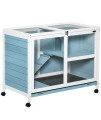 PawHut Indoor Rabbit Hutch with Wheels, Desk and Side Table Sized, Wood Rabbit Cage, Waterproof Small Rabbit Cage, Light Blue