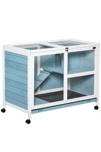 PawHut Indoor Rabbit Hutch with Wheels, Desk and Side Table Sized, Wood Rabbit Cage, Waterproof Small Rabbit Cage, Light Blue