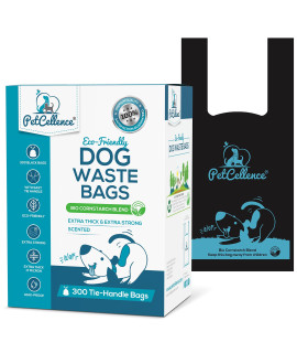 Petcellence Dog Poo Bags Biodegradable Tie Handles - 300 Doggy Poop Bags Scented & 100% Leak Proof Thick & Strong - cornstarch poo bags with tie handles