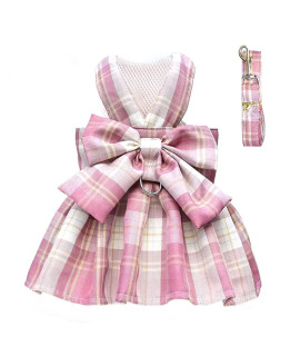 PETCARE Plaid Dog Dress Bow Tie Harness Leash Set for Small Dogs Cats Girl Cute Princess Dog Dresses Spring Summer Puppy Bunny Rabbit Clothes Chihuahua Yorkies Pet Outfits,Chest 19