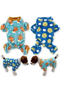 Pack of 2 Colors Dog Pajamas Soft Warm Fleece Jumpsuit Cute Pet Clothes for Small and Medium Pet XXS - L (Pack of 2 Colors: Teal Giraffes, Blue Lions, S: Length - 12, Chest 14 - 17)