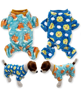 Pack of 2 Colors Dog Pajamas Soft Warm Fleece Jumpsuit Cute Pet Clothes for Small and Medium Pet XXS - L (Pack of 2 Colors: Teal Giraffes, Blue Lions, S: Length - 12, Chest 14 - 17)