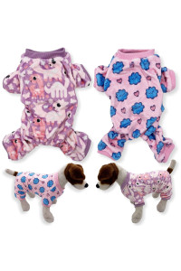 Pack of 2 Colors Dog Pajamas Soft Warm Fleece Jumpsuit Cute Pet Clothes for Small and Medium Pet XXS - L (Pack of 2 Colors: Purple Dinosaurs, Light Pink Clouds, S: Length - 12, Chest 14 - 17)