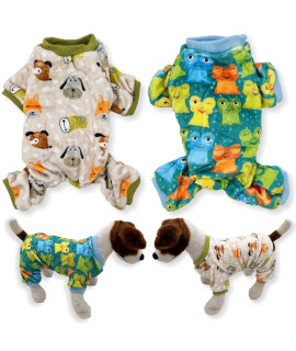 Pack of 2 Colors Dog Pajamas Soft Warm Fleece Jumpsuit Cute Pet Clothes for Small and Medium Pet XXS - L (Pack of 2 Colors: Beige Dogs, Green Frogs, S: Length - 12, Chest 14 - 17)