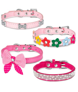4 Pcs Pink Dog Collar Spiked Studded Dog Collars Pearls Dog Necklace Dog Collar with Rhinestone Bow Knot Crystal Diamond Colorful Flower Bling Girl Dog Cat Collars for Dogs(Novel Style,Medium)