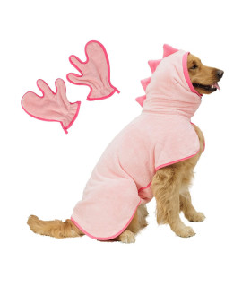 Pawyee Super Soft Fast-Drying Dog Towel Set for Cold Weather, Beach, Pool - Adjustable Microfiber Bath Robe with Drying Gloves for Cats and Dogs (Large, Pink Dino)