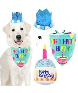 Dog Birthday Party Supplies Dog Birthday Bandana Boy, Crown Dog Birthday Hat with Flower, Happy Birthday Squeaky Chew Toy for Medium to Large Dogs