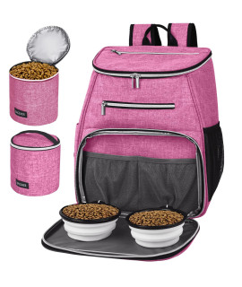 BAGLHER ?Dog Travel Bag Backpack,Airline Approved Pet Supplies Backpack,Dog Travel Backpack with 2 Silicone Collapsible Bowls and 2 Food Baskets Pink