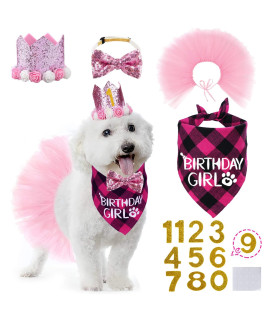 STMK Dog Birthday Party Supplies, Dog Birthday Bandana Girl and Dog Birthday Party Number Hat with Dog Bow Tie Collar Dog Birthday Tutu Skirt for Medium Large Dogs (Pink Style)