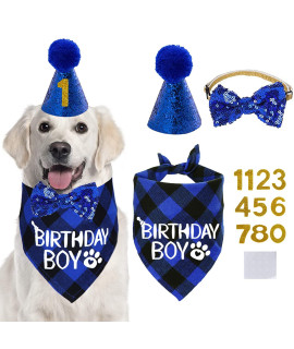 STMK Dog Birthday Party Supplies, Dog Birthday Bandana Boy and Dog Birthday Party Number Hat with Dog Bow Tie Collar for Medium Large Dogs (Blue Style)
