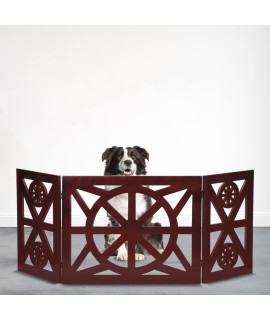 Bundaloo Freestanding Dog Gate Expandable Decorative Wooden Fence for Small to Medium Pet Dogs, Barrier for Stairs, Doorways, & Hallways (Wagon Wheel)