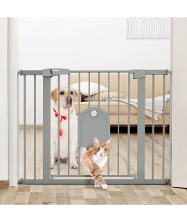 Babelio Auto Close Baby Gate with Small Cat Door, 29-43 Metal Cat Gate for Doorway, Stairs, House, Easy Walk Thru Dog Gate with pet Door, Includes 4 Wall Cups and 3 Extension Pieces, Gray