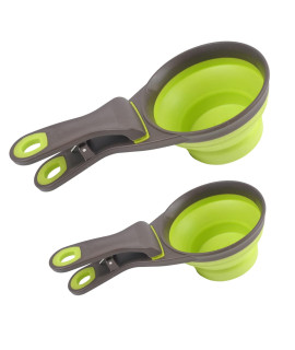 Acronde Collapsible Pet Scoop Silicone Measuring Cups Set Sealing Clip 3 in 1 Multi-Function Scoop Bowls Bag Clip for Dog Cat Food Water Set of 2 (1 Cup & 1/2 Cup Capacity) (Green)