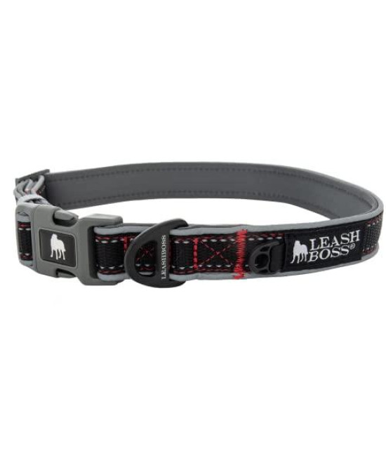 Leashboss Adjustable Reflective Dog collar, Quick-Release Buckle and Reflective Piping and Threads for Small, Medium and Large Dogs (Large - Black 165-25 Neck x 1 Wide)