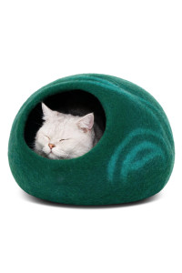 MEOWFIA Premium Felt Cat Bed Cave - Handmade 100% Merino Wool Bed for Cats and Kittens (Dark Shades) (Large, Emerald)