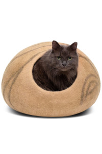 MEOWFIA Premium Felt Cat Bed Cave - Handmade 100% Merino Wool Bed for Cats and Kittens (Light Shades) (Large, Beige)