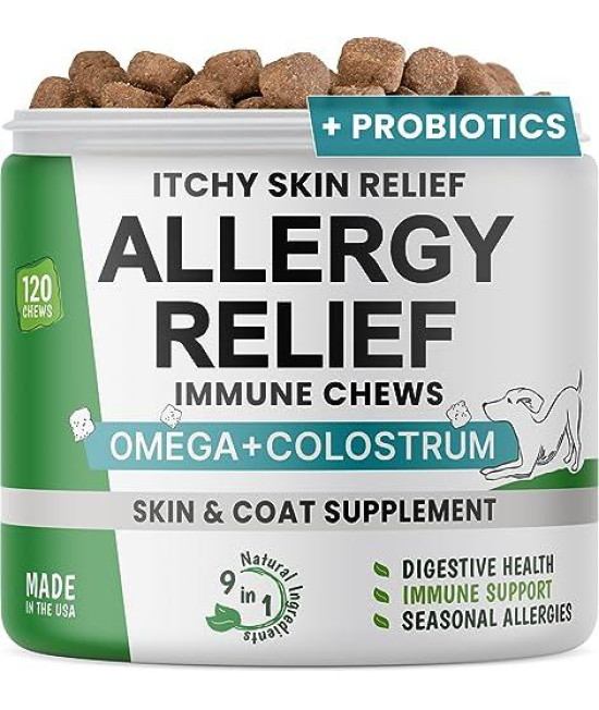 Allergy Relief Dog Chews - Itchy Skin Relief w/Probiotics + Omega 3 + Colostrum - Seasonal Allergies - Anti-Itch Treats - Skin & Coat + Immune Supplement - Made in USA - Chicken Flavor - 120 Ct
