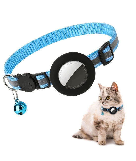Airtag cat collar, Air tag cat collar with Bell and Safety Buckle in 38 Width, Reflective collar with Waterproof Airtag Holder compatible with Apple Airtag for cat Dog Kitten Puppy (Blue)